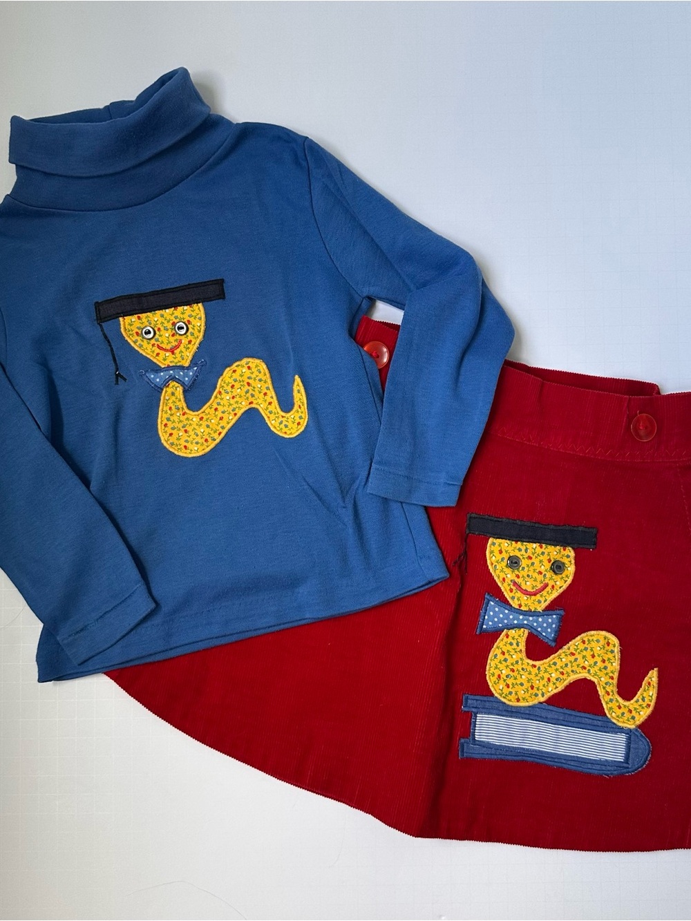 Vintage The Pond Blue Turtleneck with Yellow Snake Graphic & Wrapped Red Skirt